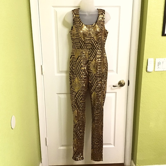 Pants - Women’s Gold Sequined Sleeveless Jumpsuit Medium